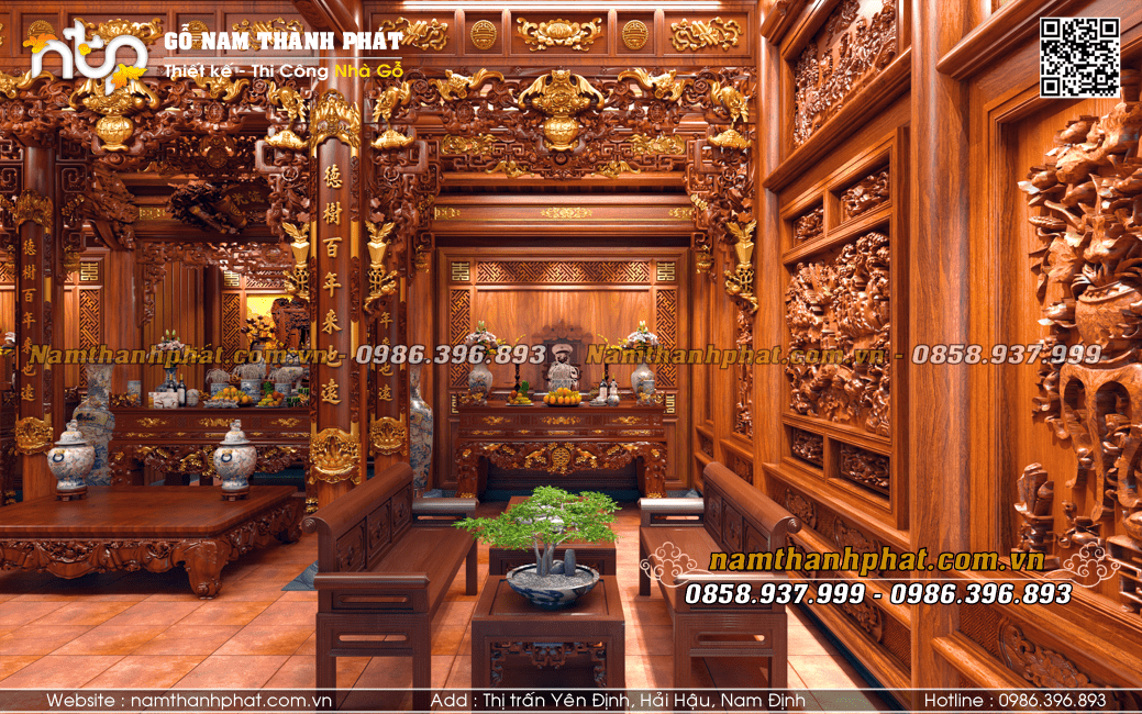 Bố trí nội thất gian bên phải nhà gỗ 3 gian lim lào